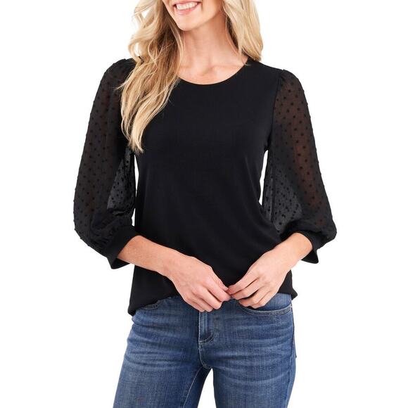 CeCe Mixed Media Clip Dot Blouse Long Sleeve Rich Black Size Small NWT - Picture 1 of 11